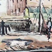 Watercolour, port of Honfleur, by Bernard Loriot (1925-1998)