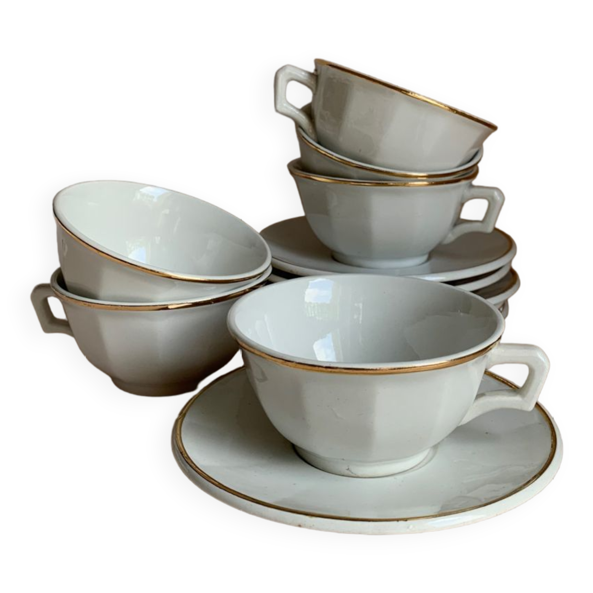 Set of 6 white Luneville porcelain coffee cups and saucer with gold rim