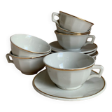 Set of 6 white Luneville porcelain coffee cups and saucer with gold rim