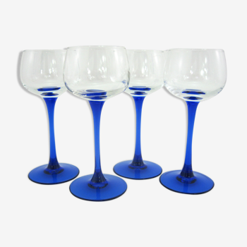 Set de 4 verres à vin blanc d'Alsace tige bleu cobalt Luminarc France - vintage années 70