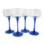 4 glasses of Alsace white wine - cobalt blue stem - Luminarc France - vintage 70s