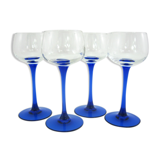 4 glasses of Alsace white wine - cobalt blue stem - Luminarc France - vintage 70s