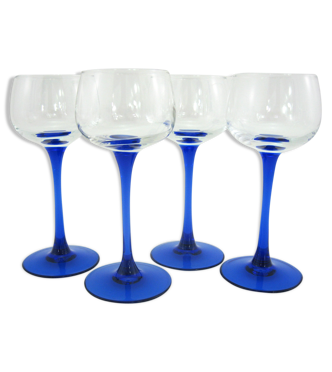 Set de 4 verres à vin blanc d'Alsace tige bleu cobalt Luminarc France -  vintage années 70 | Selency