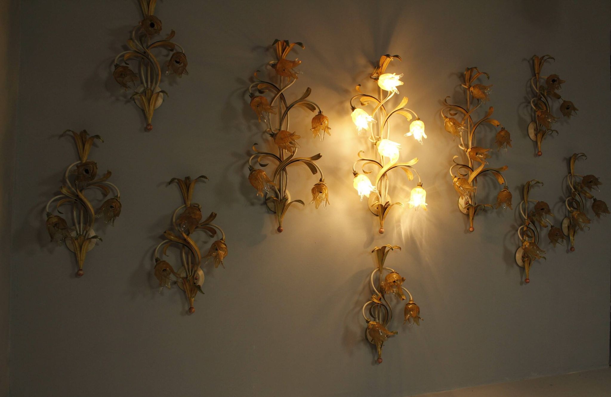Set of 10 Wall Lights from colored hand crafted iron and Murano glass