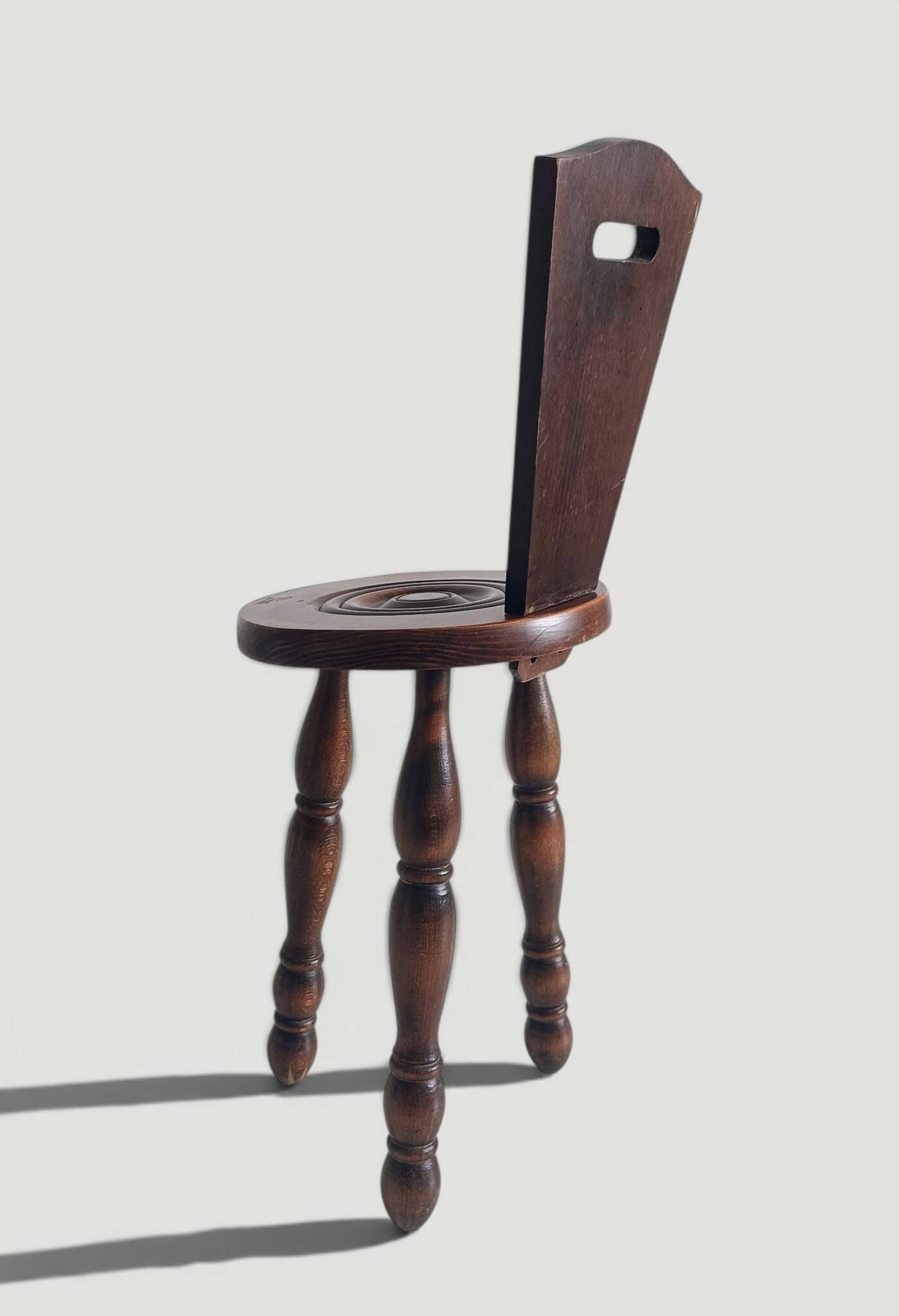 Folk Art Chestnut Wood Tripod Chair, Charles Dudouyt Style, France, 1930s