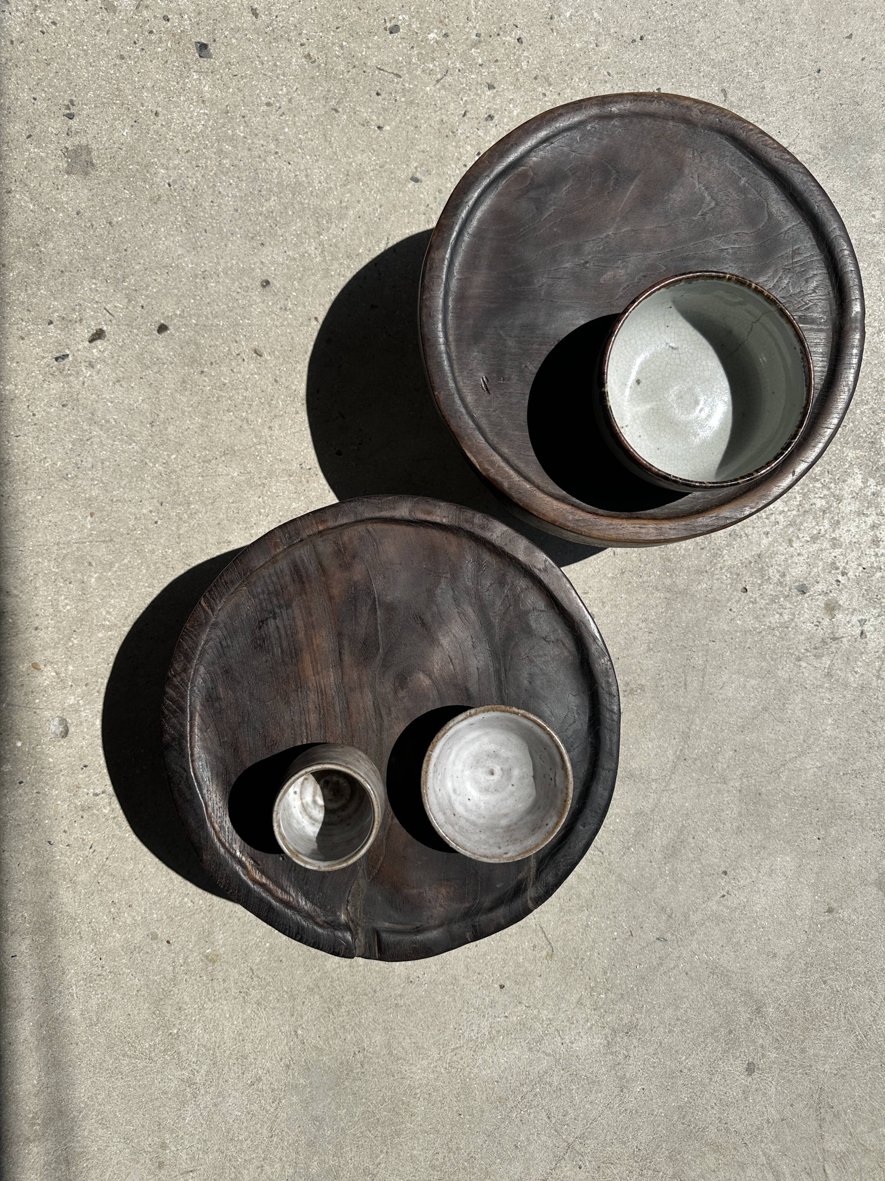 Small tripod stool low in dark brown upcycled teak