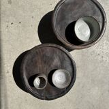 Small tripod stool low in dark brown upcycled teak