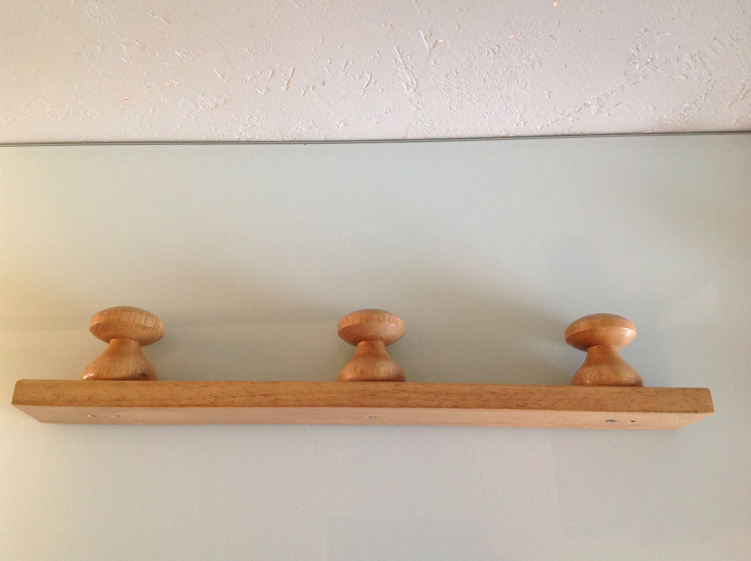 Three-headed varnished wooden coat rack, Scandinavian style / vintage 60s-70s