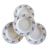 4 assiettes creuses vintage en faïence ivoire à cerises bleues