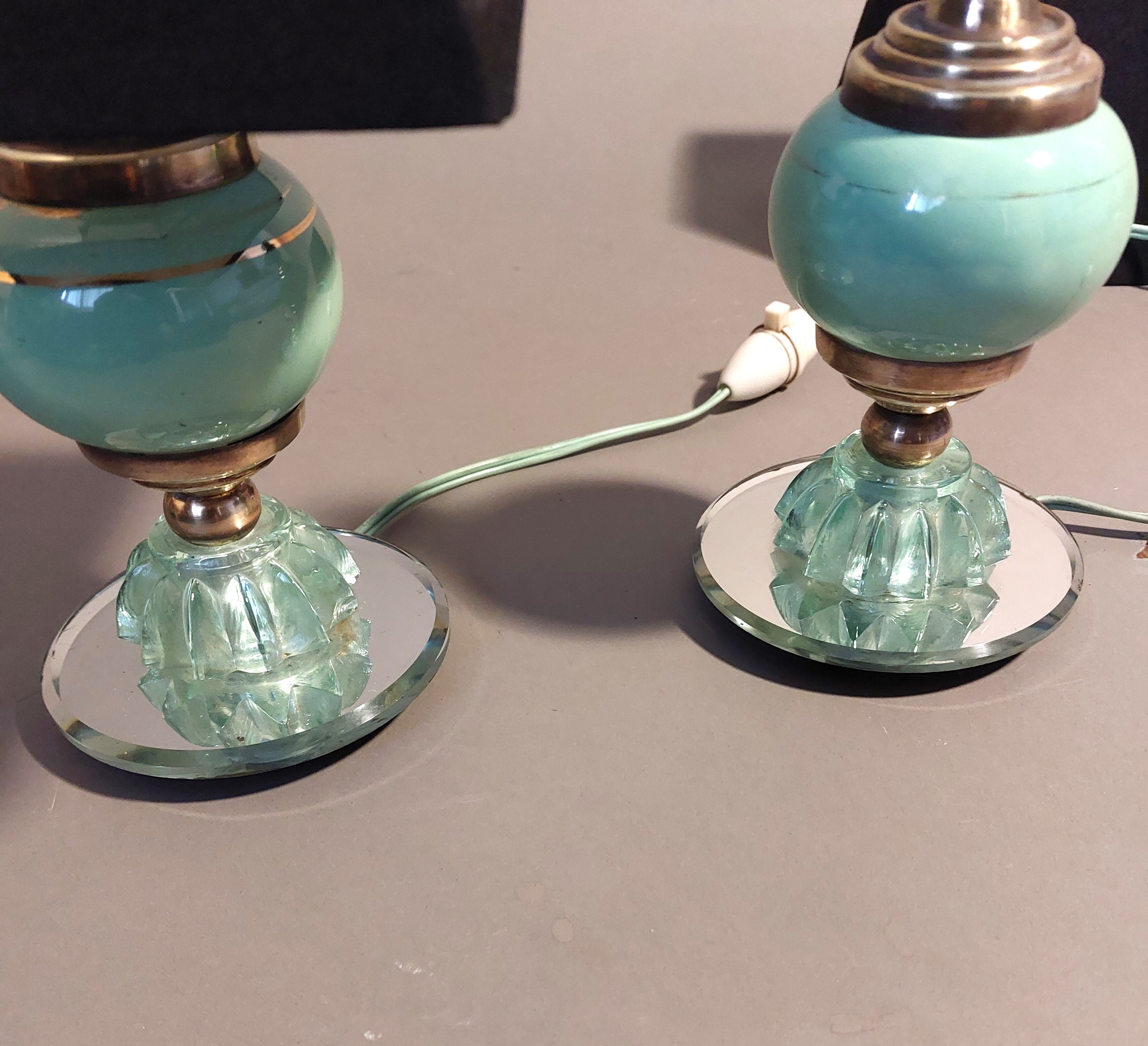 Pair of green opaline bedside lamps, venice glass and gilded brass Italy 1940.