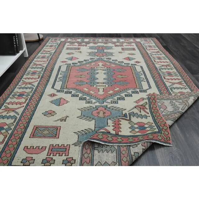 1970s Vintage Turkish Handmade Wool & Cotton Pink Area Rug 172x263