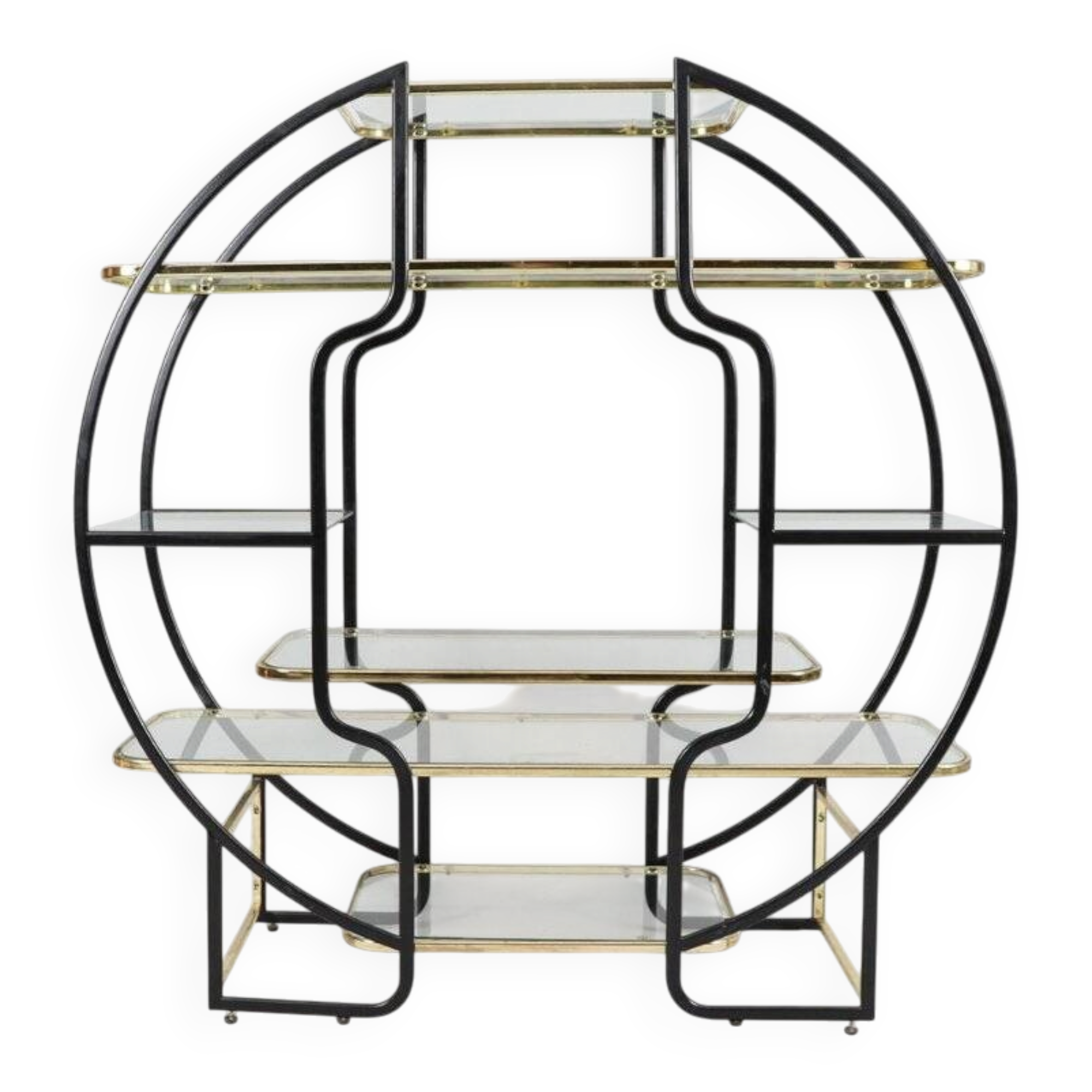 Sculptural Circular Étagère in Blackened Steel, Gold-Plated Metal and Glass
