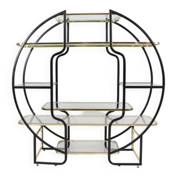 Sculptural Circular Étagère in Blackened Steel, Gold-Plated Metal and Glass