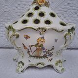 Moustiers ceramic flower pick with bird and flower decor