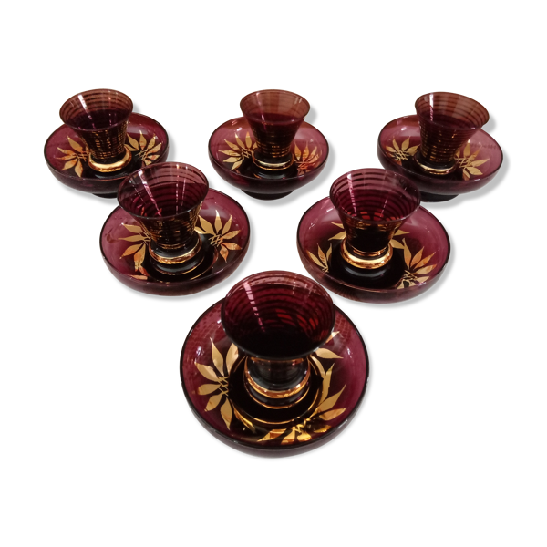 Service à expresso vintage 12 pièces pour 6 personnes en verre lie de vin et dorure