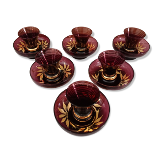 12-piece vintage espresso set for 6 people in wine-colored glass and gold trim
