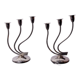 Paire de bougeoirs art déco en inox 3 flammes, espagne, 1970