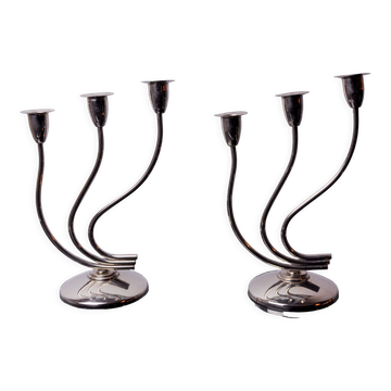Pair of art deco candlesticks in stainless steel 3 flames, Spain, 1970