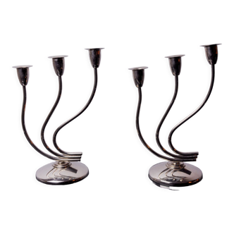 Pair of art deco candlesticks in stainless steel 3 flames, Spain, 1970