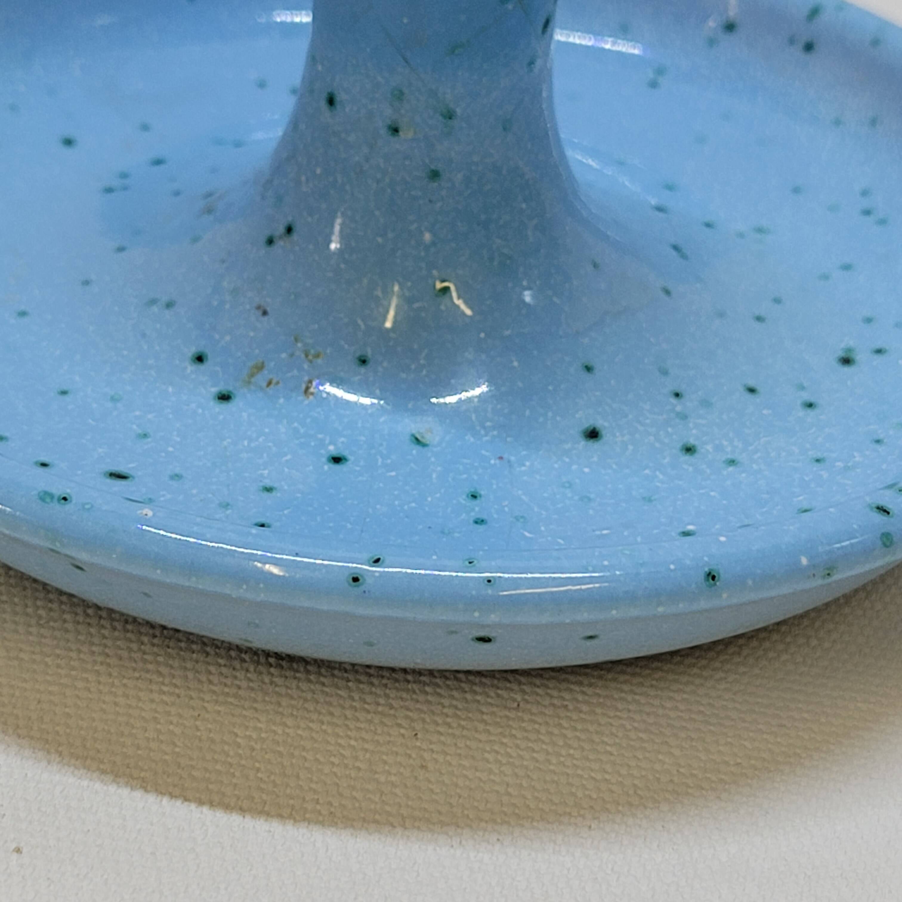 Light blue glazed ceramic candle holder with green speckled signed scorpion stamp