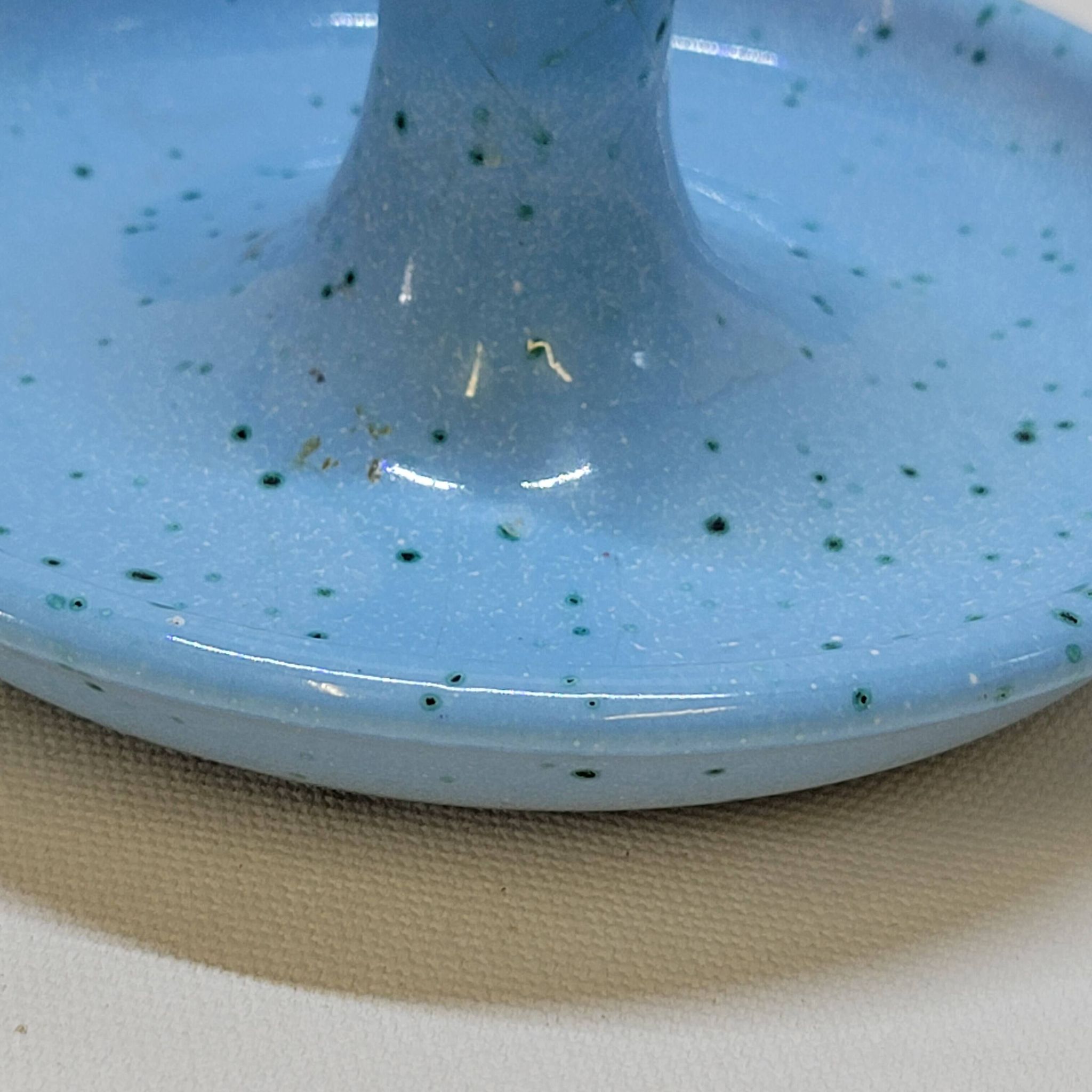 Light blue glazed ceramic candle holder with green speckled signed scorpion stamp