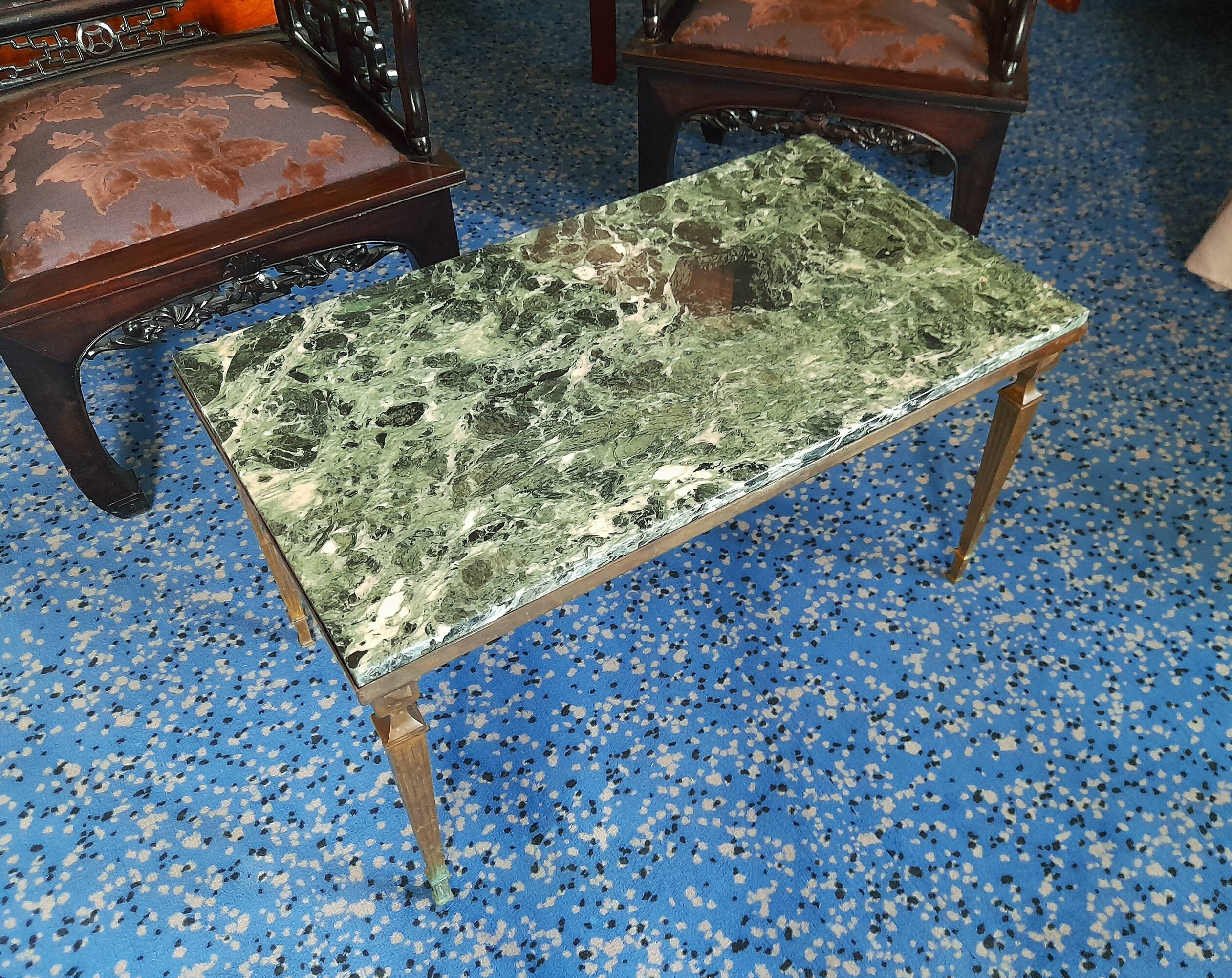 Coffee table in gilded bronze and green Alpine marble