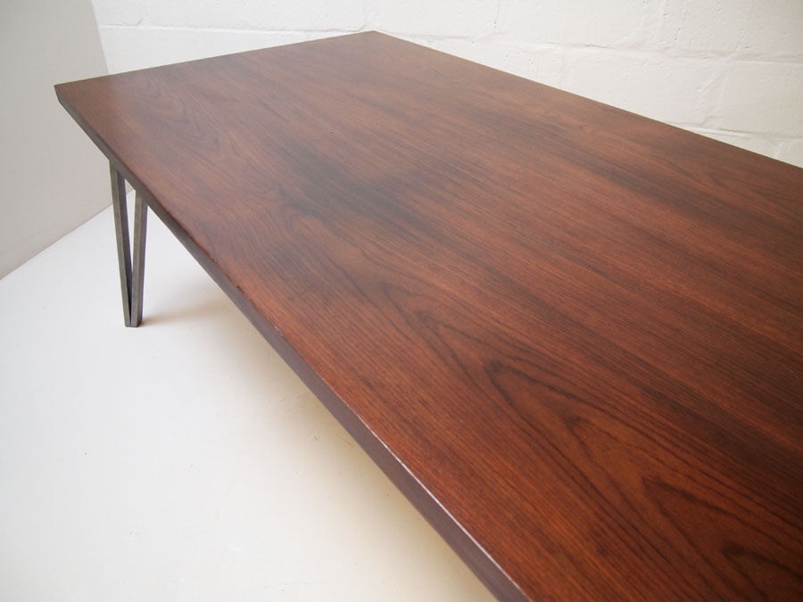 Midcentury danish rosewood dining table on bare steel box pin legs