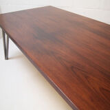 Midcentury danish rosewood dining table on bare steel box pin legs