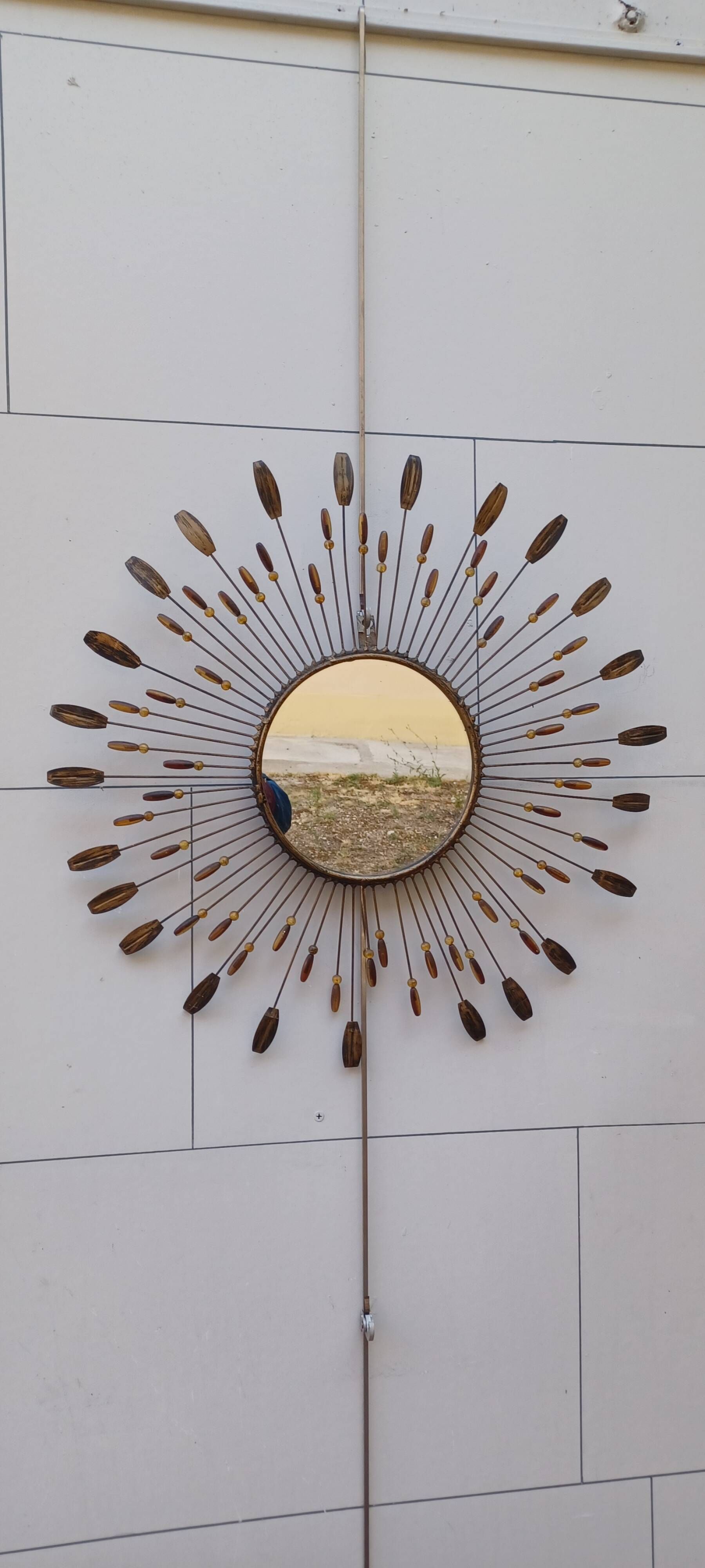 Sun mirror in line vautrin style with metal and coloured plastic beads