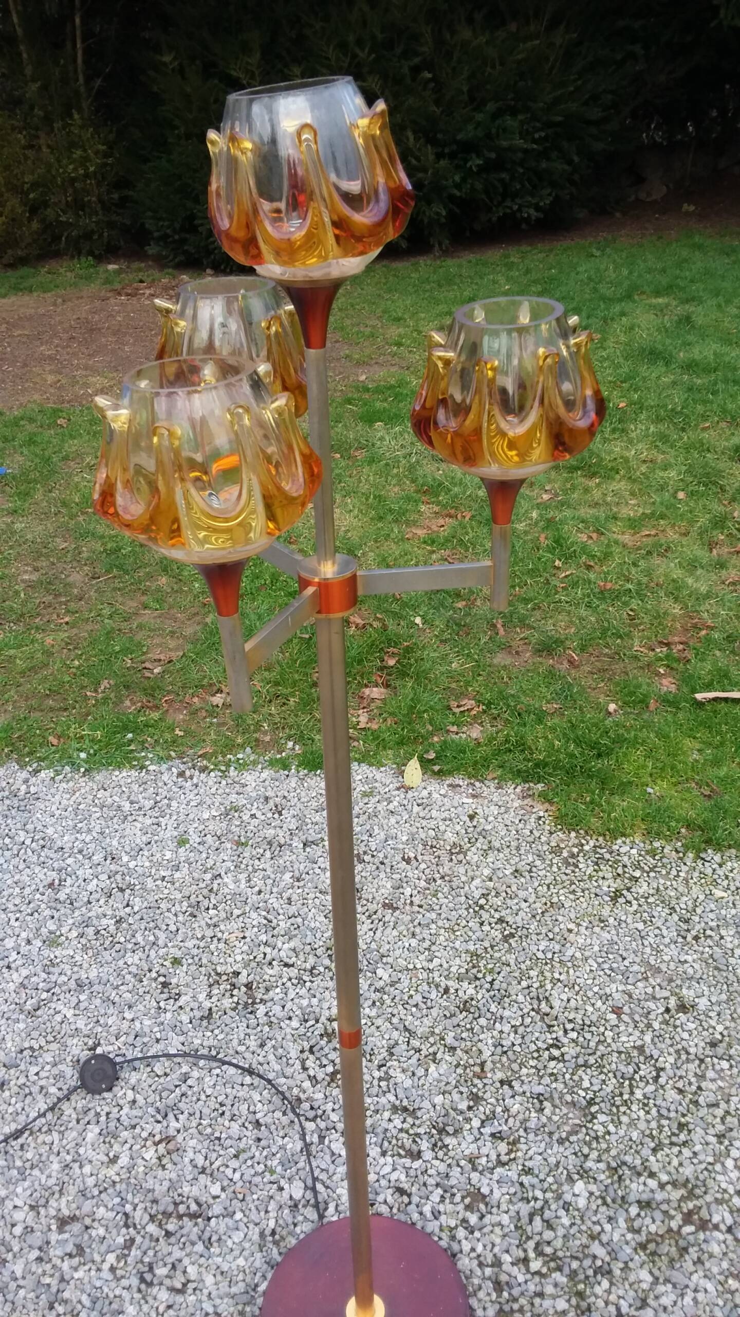 1970s design floor lamp in gold and orange chrome metal with 4 glass tulips