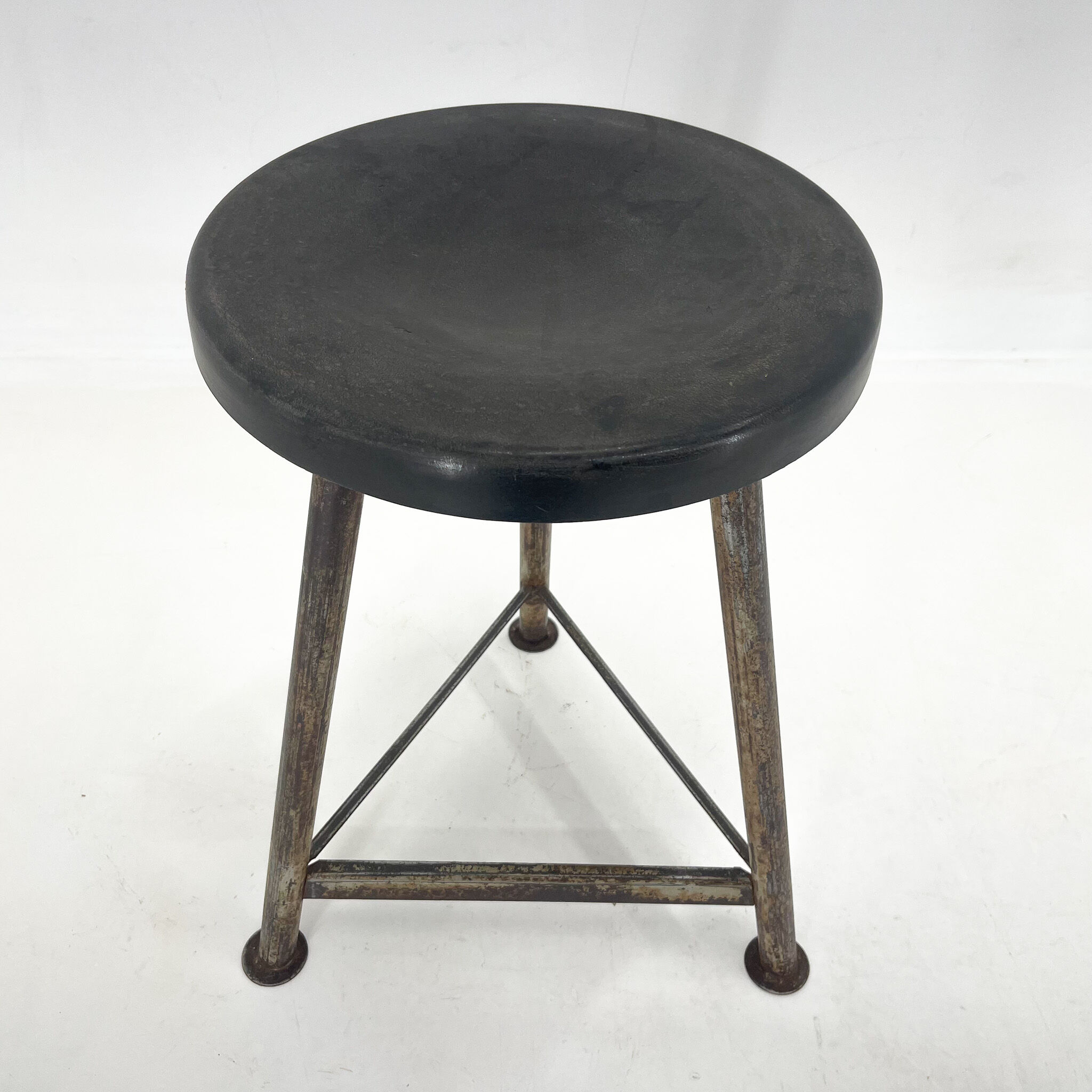 Vintage Industrial Iron Tripod Stool with Original Plastic Seat, 1950's