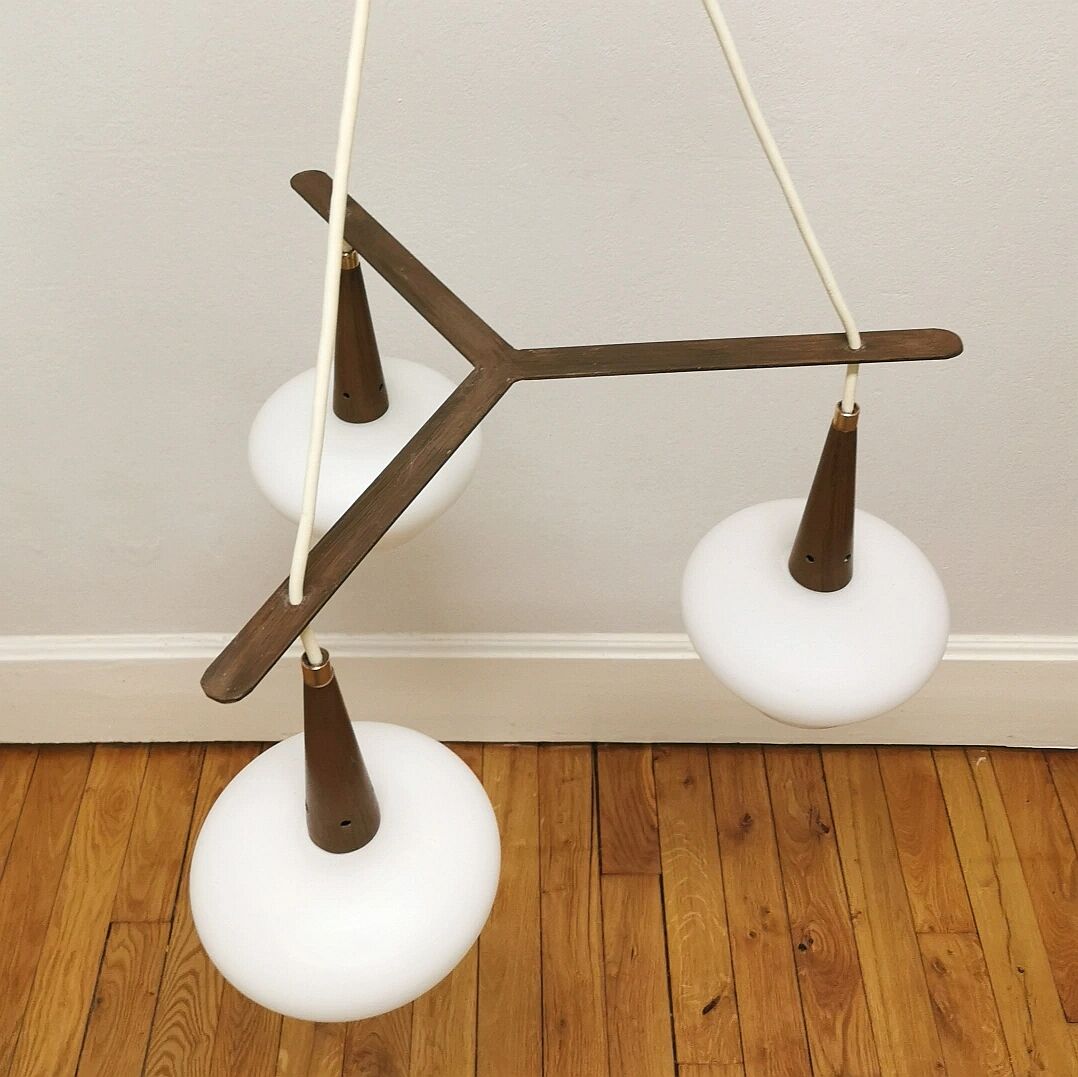 Scandinavian metal and opaline glass pendant lamp, 1950