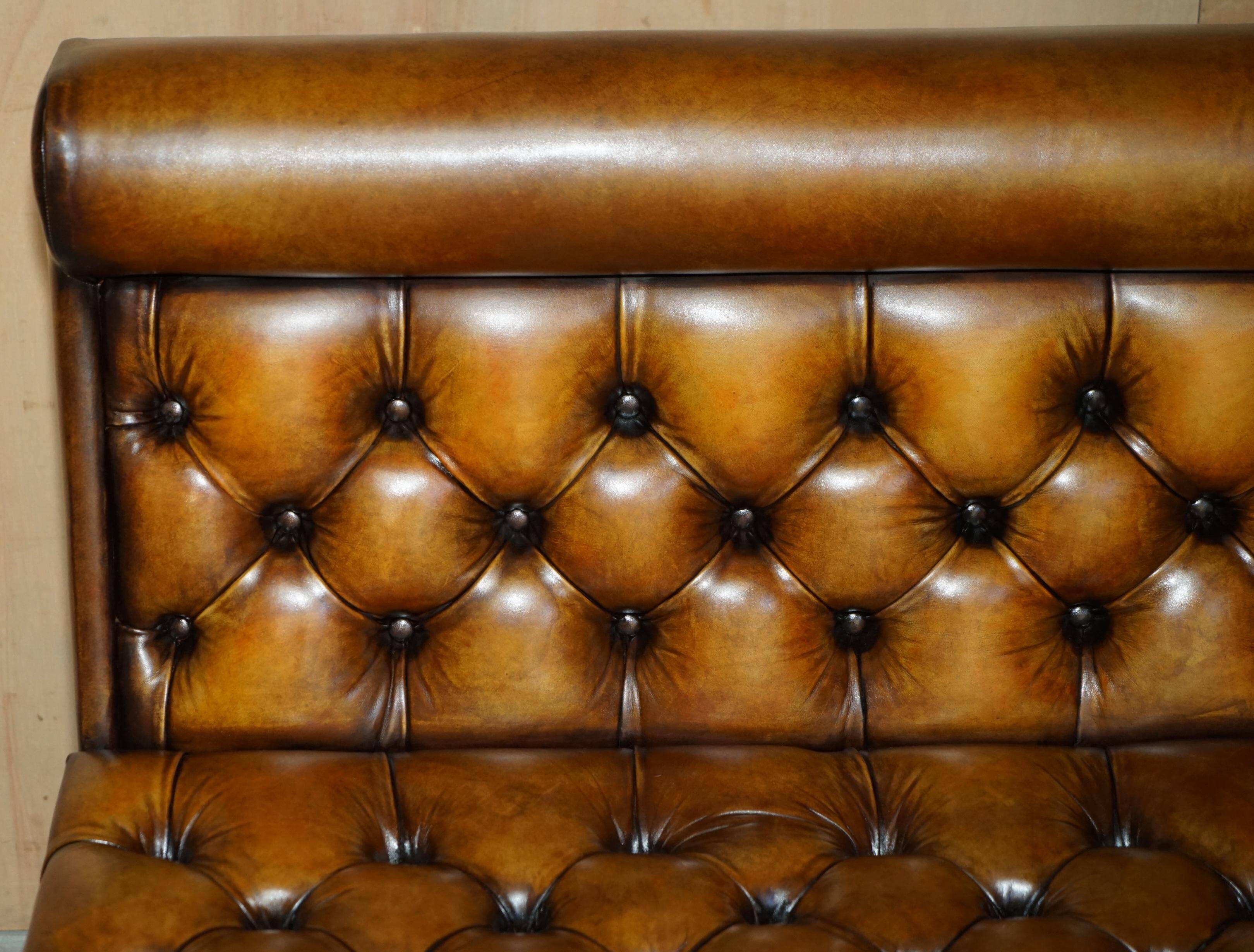 Pair of Victorian Chesterfield pub benches in leather.