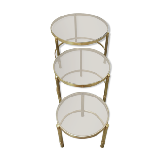Three tables gigognes golden brass and smoked glass