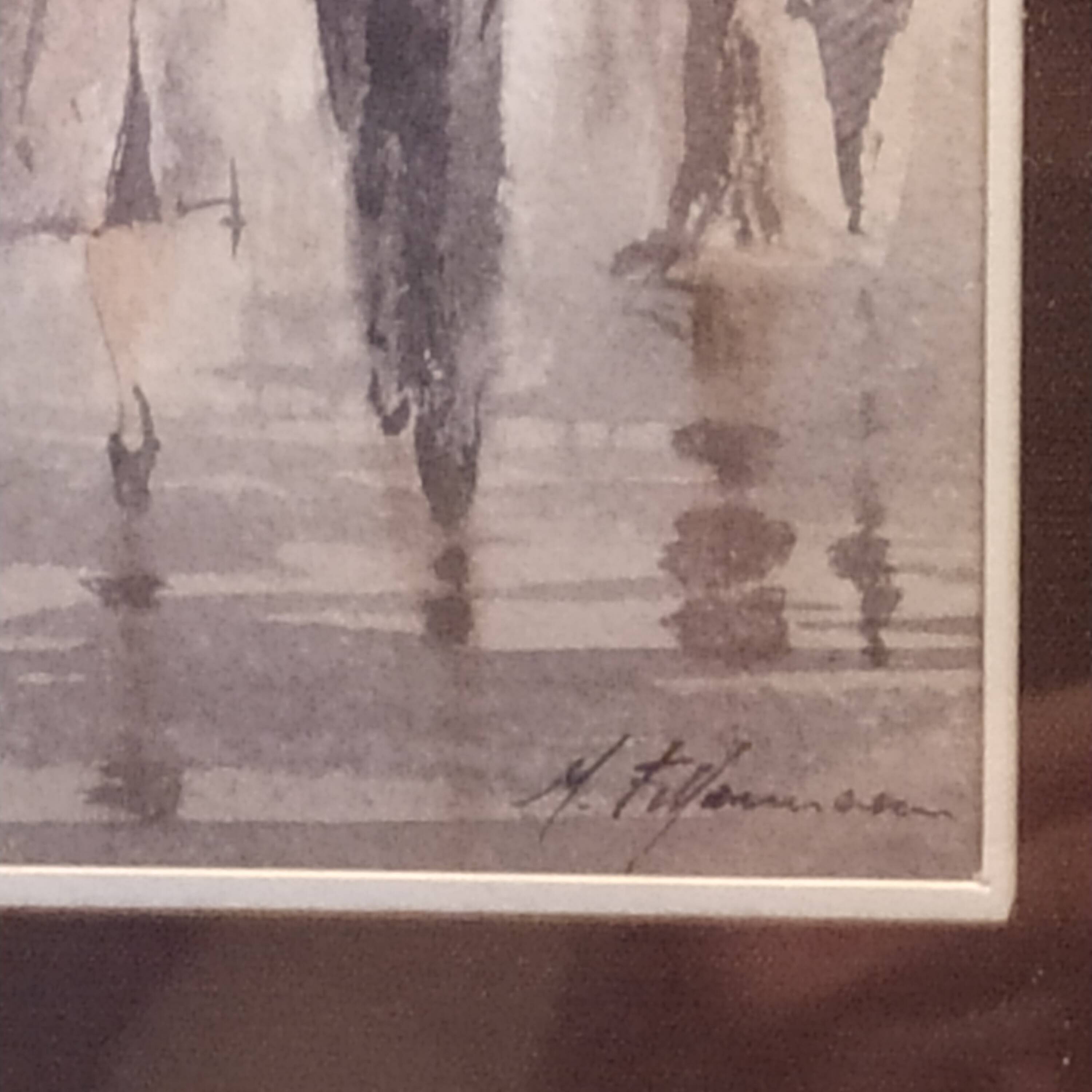aquarelle signée Maurice Fillonneau (1930-2000) intitulée la Pluie