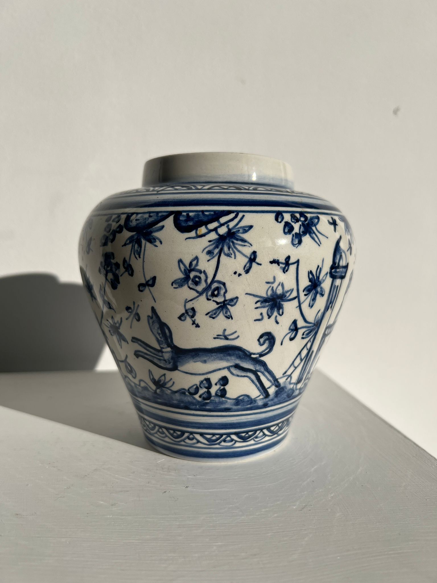 Blue and white Portuguese handmade vase with stylized pastoral pattern H:12,5cm