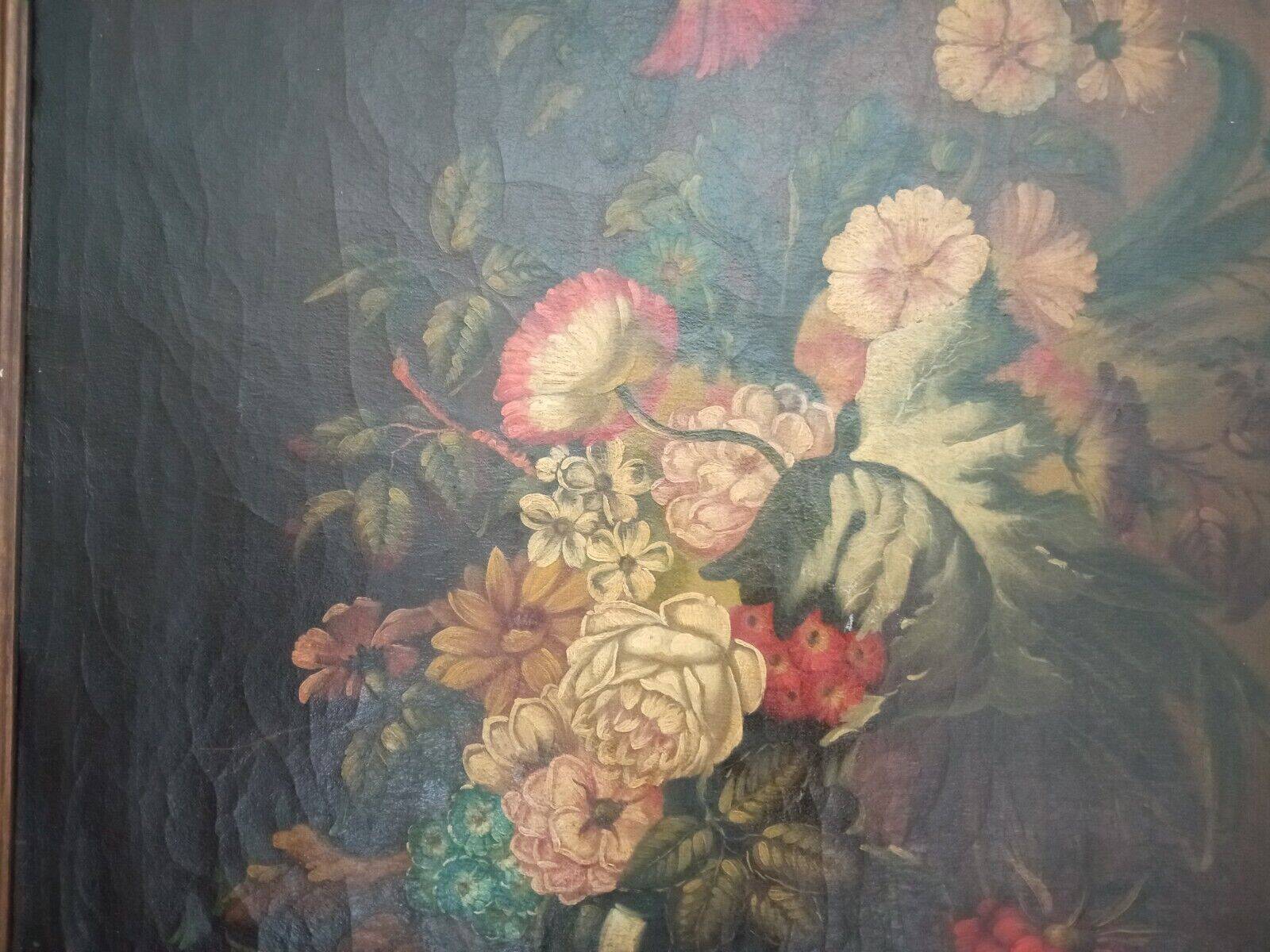 Old painting Bouquet of flowers oil on canvas still life 19th century