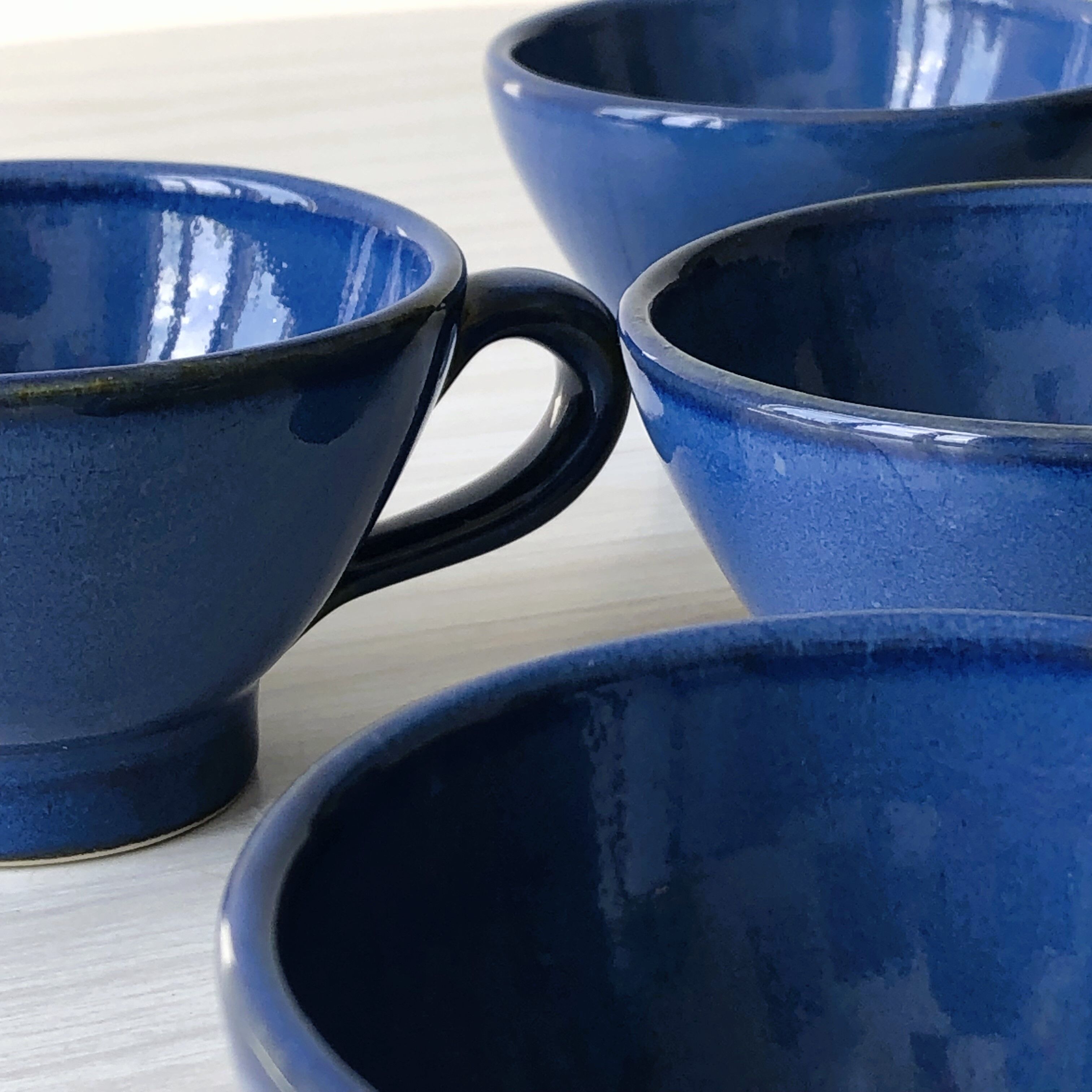 Set of 6 cups in handcrafted blue glazed stoneware