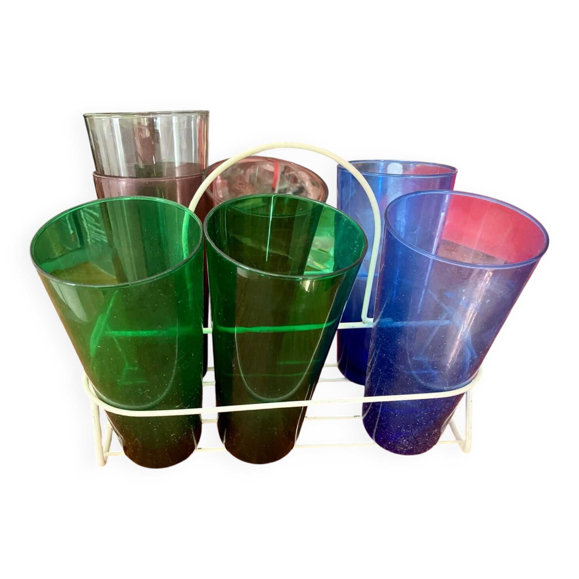 7 coloured glass glasses, 1960s-70s