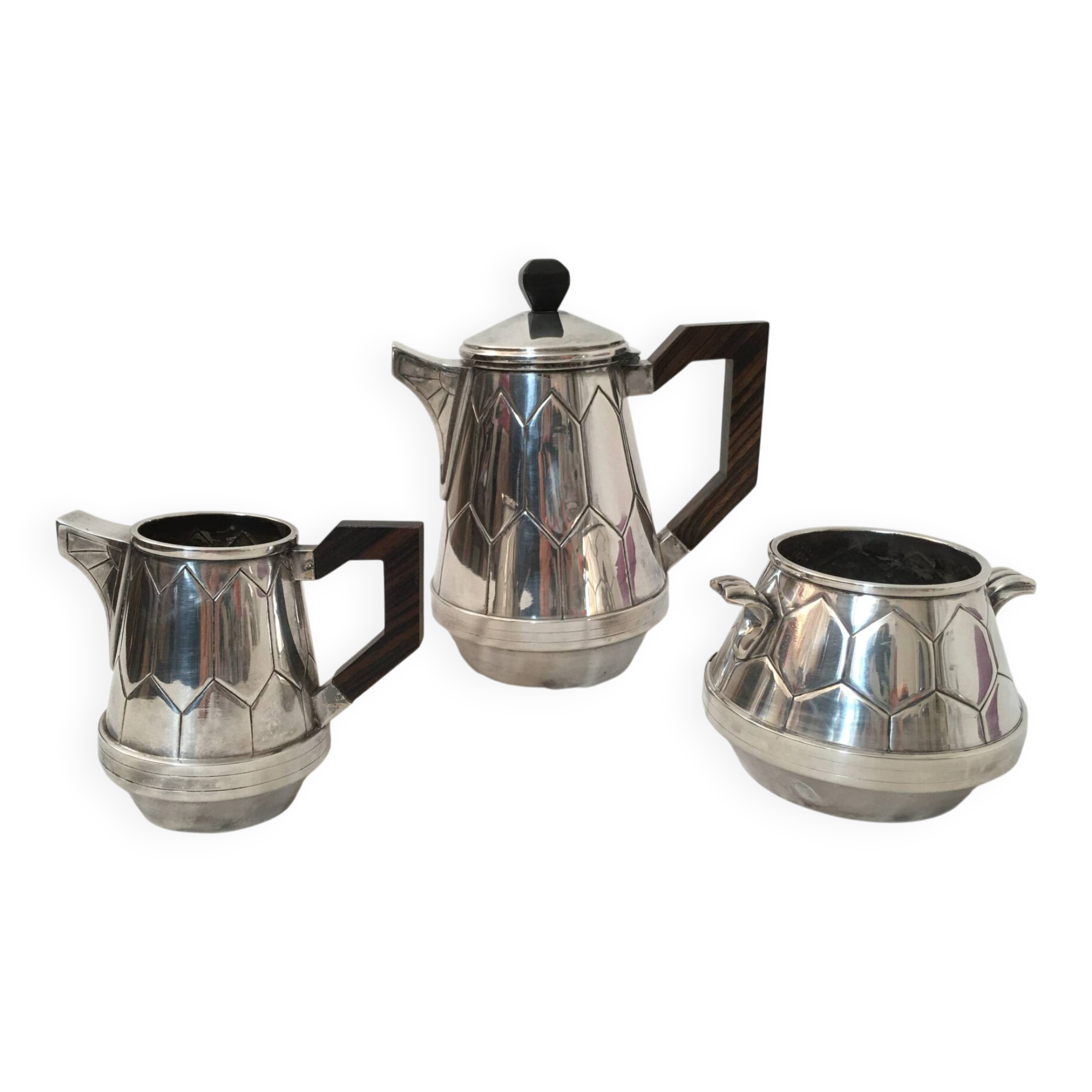 Art Deco coffee service from the 1930s, 3 pieces in silver-plated metal.