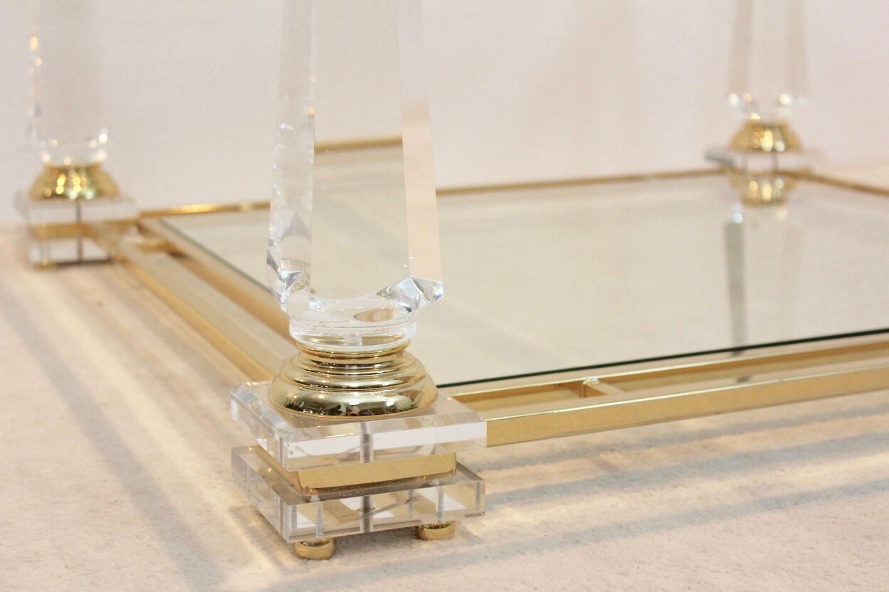 Extraordinary Lucite, Brass and Glass Obelisk Coffee table, 1970s