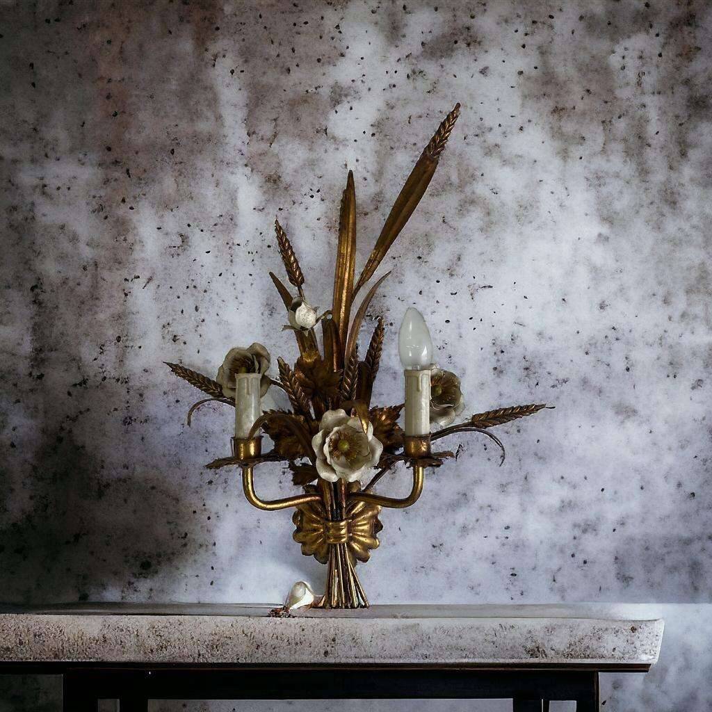 Vintage wheat 'golden' wall light with flowers: french style