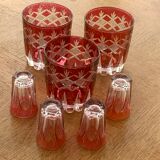 7 aperitif glasses in red and transparent glass chiseled vintage