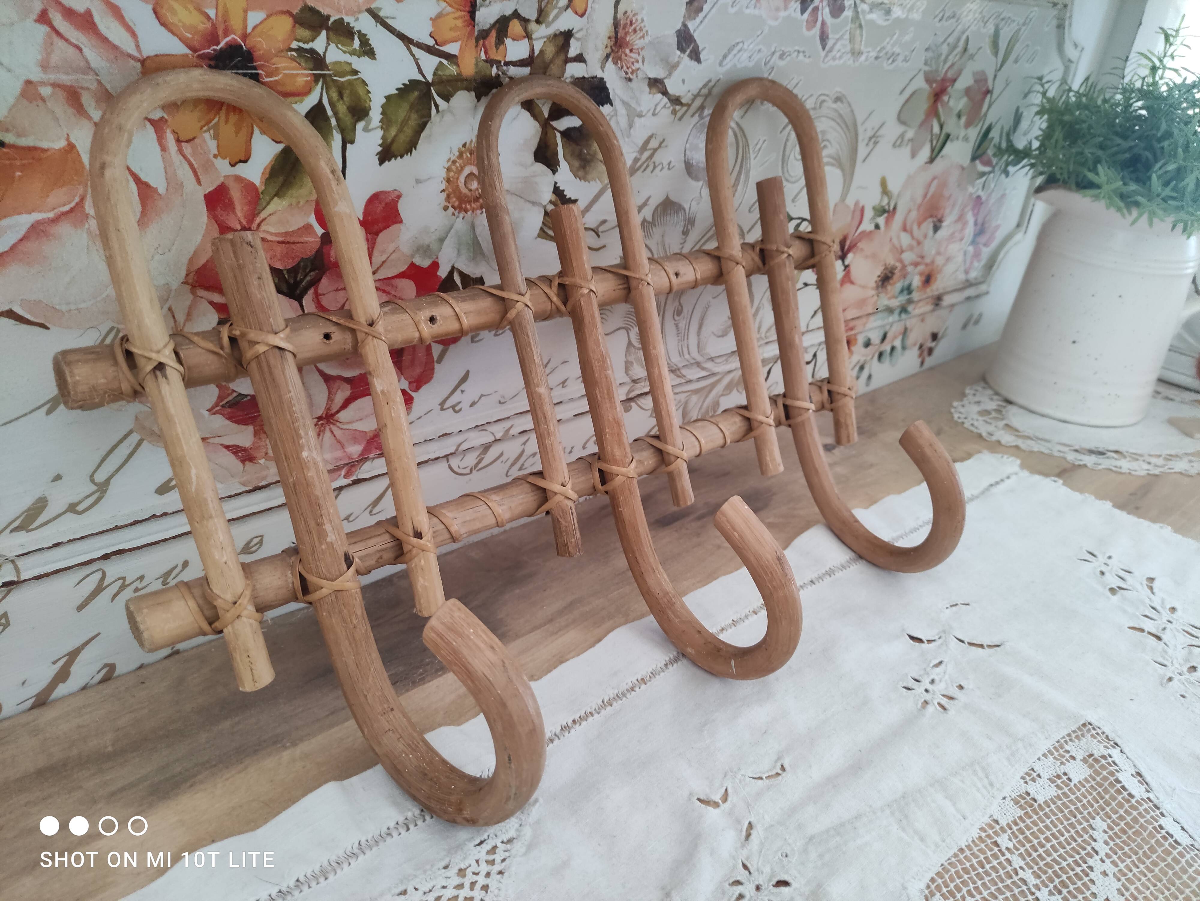 Vintage rattan coat hook with 3 hooks