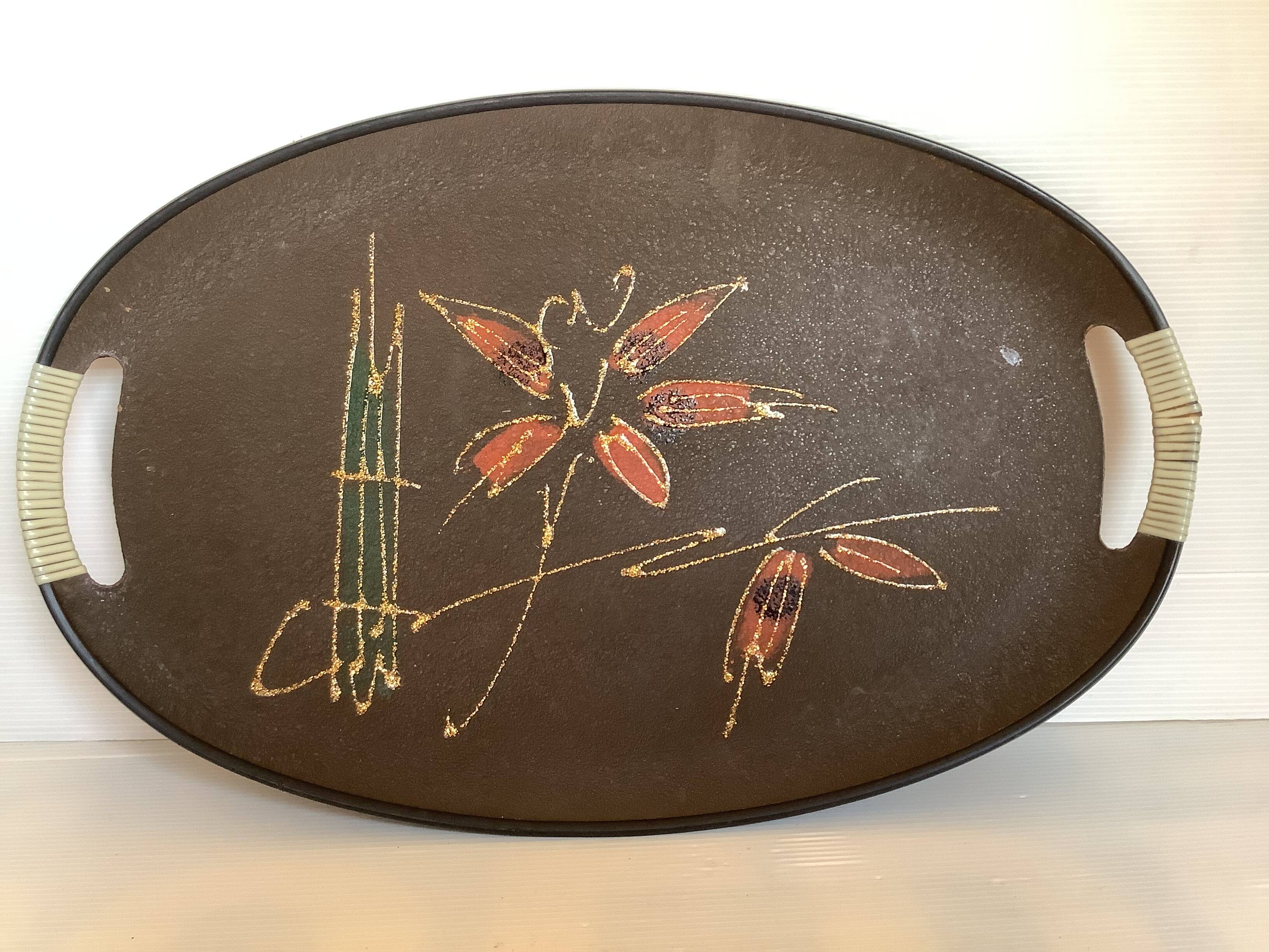Oval tray glittery flowers handles scoubidou japan