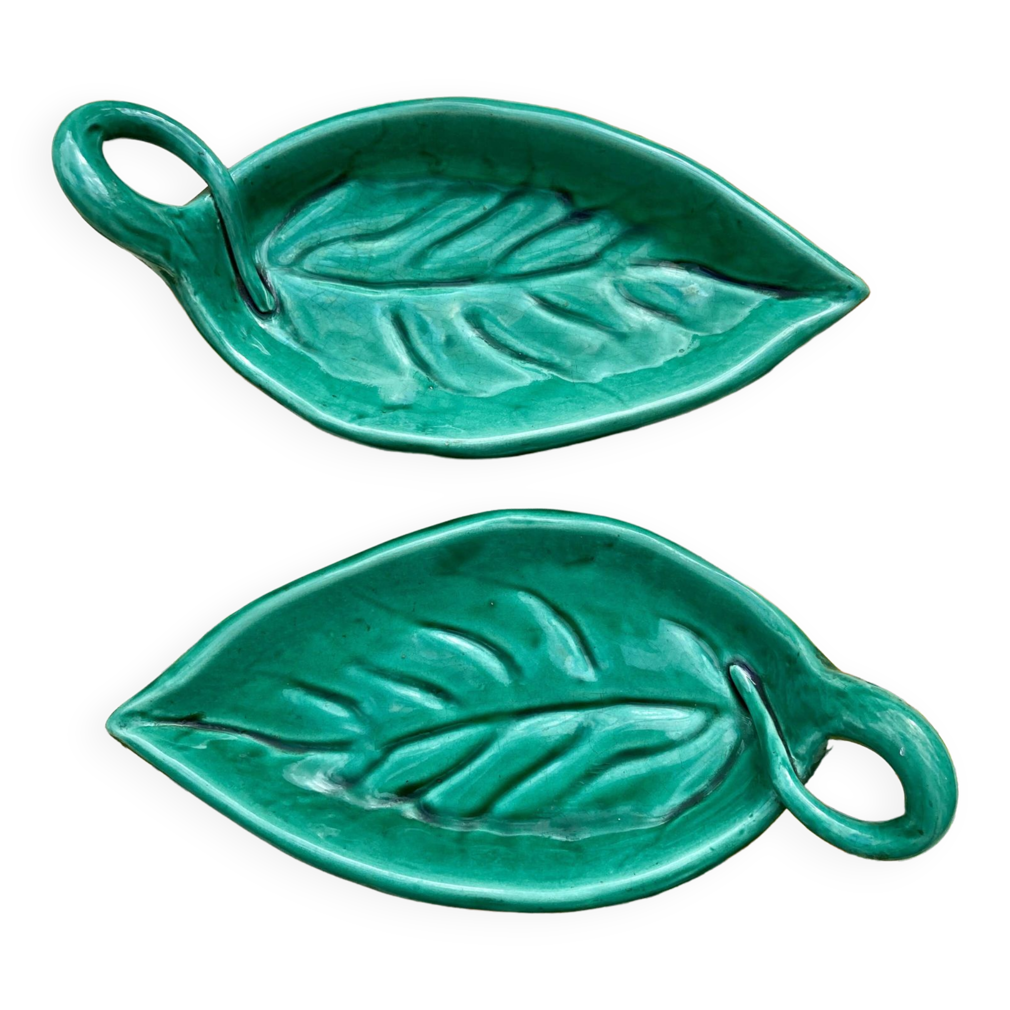 Duo of Vallauris raviers in the shape of green leaves signed Cérenne