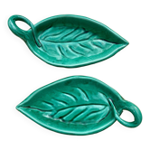 Duo of Vallauris raviers in the shape of green leaves signed Cérenne