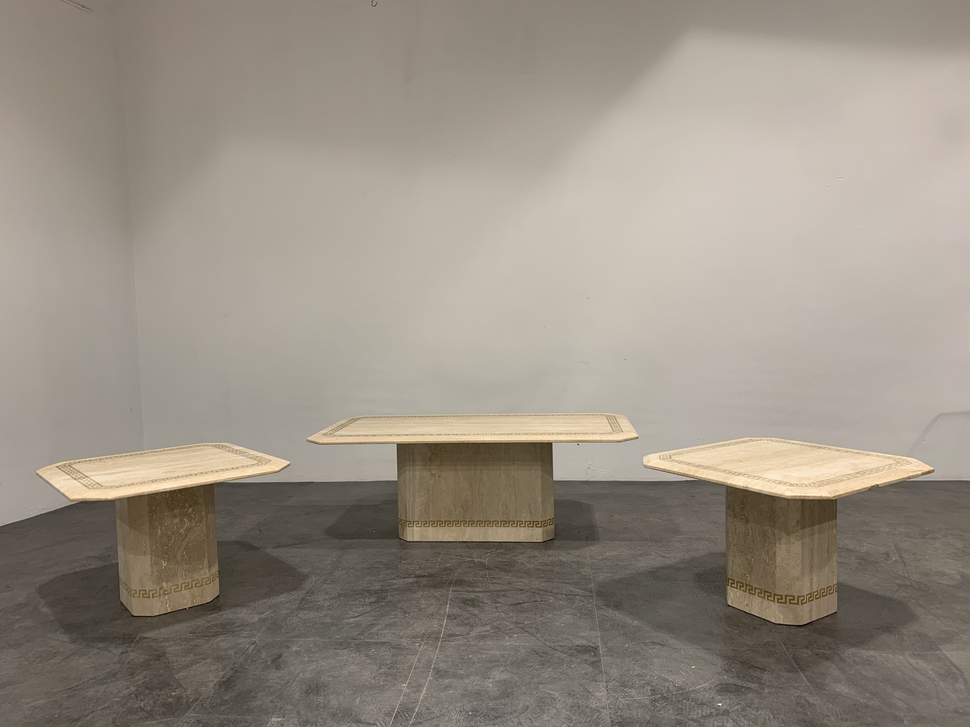 Vintage travertine coffee table and side tables, 1980s