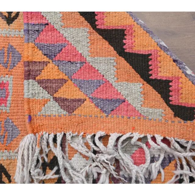 1970s Vintage Turkish Hand-Knotted Wool Cotton Orange Runner Rug 86x326