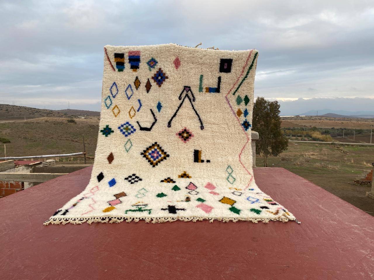 Tapis berbère Beni Ouarain 300x200 cm – Laine écrue motifs symboliques
